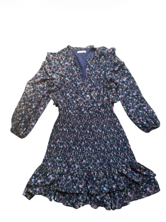 Lush Floral Smocked Mini Dress Medium Navy Blue Ruffle Long Sleeve Cottagecore - Picture 2 of 8